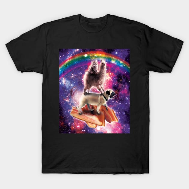 Space Cat Llama Pug Riding Bacon T-Shirt by Random Galaxy